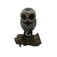 Hand-Carved Wooden Owl Figurine On Natural Wood Base