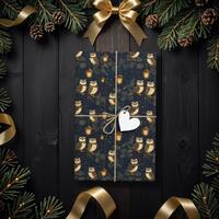 Whimsical Owl Christmas Wrapping Paper, Dark Woodland Holiday Gift Wrap for Nature Lovers, Winter Bi