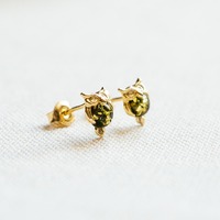 Gold Owl Earrings: Green Baltic Amber, Forest Jewelry