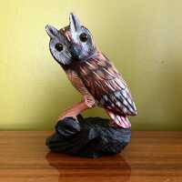 Hand-Carved Stone Owl Figurine, Hand-Painted with Glass Eyes