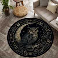 Mystical Owl and Crescent Moon Round Rug – Gothic Boho Carpet with Celestial Forest Design for