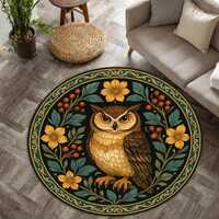 Bohemian Owl Round Rug – Vintage Woodland Animal Carpet with Golden Floral Border for Cozy Cot