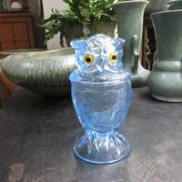 Vintage Imperial Summit Lenox Blue Art Glass Owl Candy Dish Container