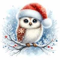 Owl with Santa Hat Clipart, 12 JPEG Christmas Owl Graphics, Winter Bird on Snowy Branch for Sublimat