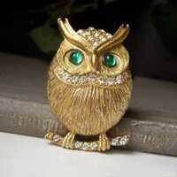 Vintage Owl Brooch, Rhinestone Nightbird Pin, Goldtone with Green Eyes, Textured Bird Pin, Owl on Br