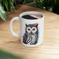 Owl Pop Art Ceramic Mug, Wise Owl Coffee Cup, Detailed Illustration, Colorful Tea Cup, Animal Lover 