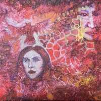 Ascent Original Acrylic Painting Woman Owl Man Red Pink Yellow Rick Cain Florida Artist Soft Colors 