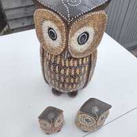 Vintage Carved Wooden Owl Set: 1940s-50s Home Decor