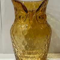 Vintage Yellow Amber Owl Glass Vase Decor