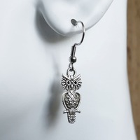 Antique Silver Owl Earrings – Stainless Steel Hooks, Woodland Jewelry C817