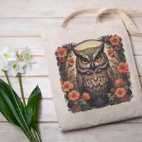Vintage Owl Floral Tote Bag, Cotton Canvas Handbag, Moody Florals Shoulder Bag, Retro Bird Print Pur
