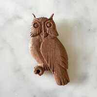 Vintage 70s Handmade Brown Wooden Owl Brooch Pin