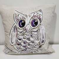Boho White and Purple Owl Farmhemian  Hand-painted Pillow Cover