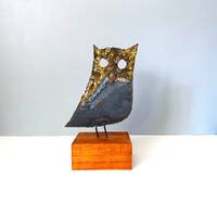Brutalist owl sculpture figure of steel with added gilding