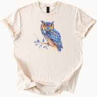 Colorful Owl Art T Shirt Unique Wildlife Design Tee For Nature Lovers Blue Hues Bird Graphic Print T