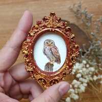 Original Tiny owl Watercolor hand-painted in a Handmade rasin frame, Miniature Art for Dollhouse or 