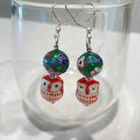 Handmade Glass Orange Owls and Cloisonne Beads Dangle Earrings.