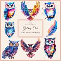 Watercolor Galaxy Owl Clipart: Cosmic Feather Illustrations (Digital Download)