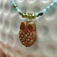 HOOT Owl Pendant Czech Glass Beaded Necklace with Light Blue and Purple Accents with Sterling Silver