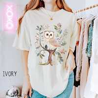 Folk Art Owl Comfort Colors Tshirt | Vintage Floral Owl Tee | Boho Scandi Art Animal Shirt | Nature 