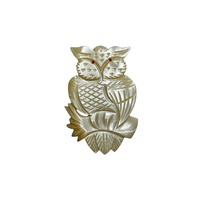 50s Carved Mother of Pearl Owl Brooch Red Eyes Chinese