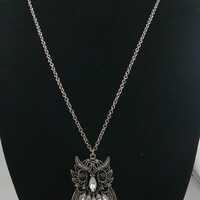 Large Owl Pendant Necklace – 34" Silver-Tone Chain, Black and Clear Rhinestone Accents