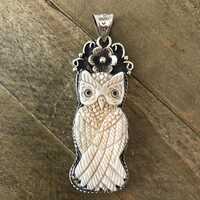 Bone owl pendant, handcrafted, Nepalese, Tibetan repousse silver, 85X27 mm