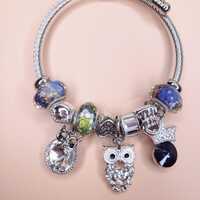 Owl Charm Stainless Steel Bracelet, Crystal Beaded Bangle, Animal Lover Jewelry, Blue Bead Bracelet,