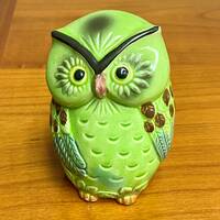 Owl Bank Green Owl Ceramic Figurine Kitschy Owl Decor Big Eye Owl Bird Figurine Farmhouse Inspired C