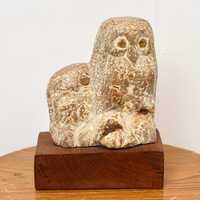1960s/1970s Owl Bird Stone Hand Carved Wood Base Sculpture Art