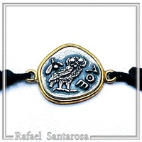 Owl Coin tetradrachm adjustable charm Bracelet Oxidized Sterling Silver on 18 karat gold filled base