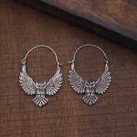 925 Sterling Silver Owl Hoop Earrings | Tribal Bird Earrings for Women | Handmade Oxidized Statement