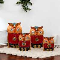 Handcrafted Wooden Owl Family Set (4 Pieces) – Vibrant Coral Chip Mosaic Figurines for Home D&