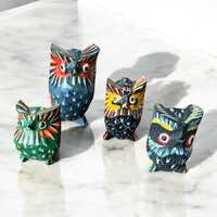 set of 4 Vintage Wood Owls Hand Carved Figurines Hand Painted sculpture statues