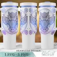 Mandala Owl SVG, Seamless Custom name 40oz Laser Tumbler Wrap File, Laser Engraved Cup Design, Gift 