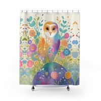 Whimsical Owl Shower Curtain, Floral Bathroom Decor, Nature-Inspired Home Accessory, Boho Chic, Spri