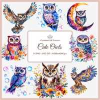 Floral Owl Clipart: Watercolor Mystical Animal Illustrations (4k PNG Digital Download
