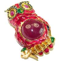 Owl Wisdom Ruby Pendant Brooch, Genuine 10.5ct Ruby, Enamel 925 Sterling Silver Handmade Gift