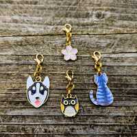 Husky Dog Cat Flower Owl Set Zipper Pull Charm Set of Four Pink Flower Husky Pup Cat Clip On Charms 
