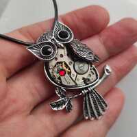 Owl necklace jewelry Steampunk Bird lover gift Gift for her Real Vintage watch movement Silver Steam