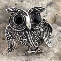 owl brooch sterling silver and black onyx and marcasite brooch pin