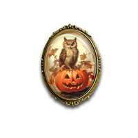 Fall Owl Brooch, Halloween Owl Pin, Owl and Pumpkin Brooch, Fall Jewelry, Fall Pin, Woodland Animal 