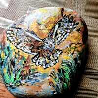 Hand Painted Owl Rock with Stand: Wildlife Art