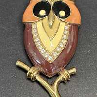 Gold Tone Enamel Owl Brooch Pendant: Rhinestone Marie Brand