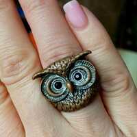 Vtg Steanless Steel&Copper Owl Head Ring Finger Ring with Stones Hand Made Goth