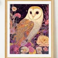 Barn Owl Garden Print: Colorful Living Room Wall Art (Digital Download)