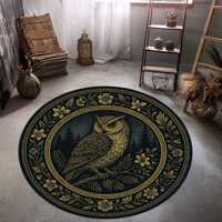 Owl Forest Round Rug with Gold Floral Border and Nocturnal Woodland Scene