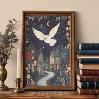 Magical Owl Wall Art Printable &ndash; Whimsical Flying Owl in Moonlight &ndash; Storybook Night Nur