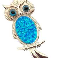 Sterling Silver 925 Owl Pendant with Blue Opal Inlay
