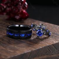 Blue Sapphire Couple Rings, Owl Branch Wedding Band, Tungsten